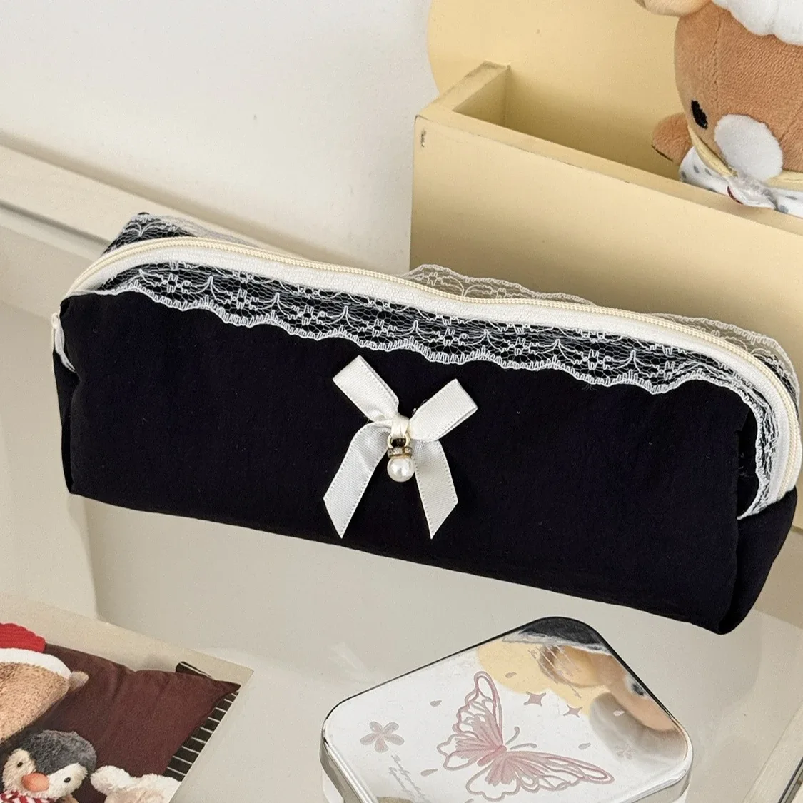 trousse de maquillage femme noire en dentelle avec nœud, grande capacité, sac de voyage cosmétique portable et mignon pour femmes