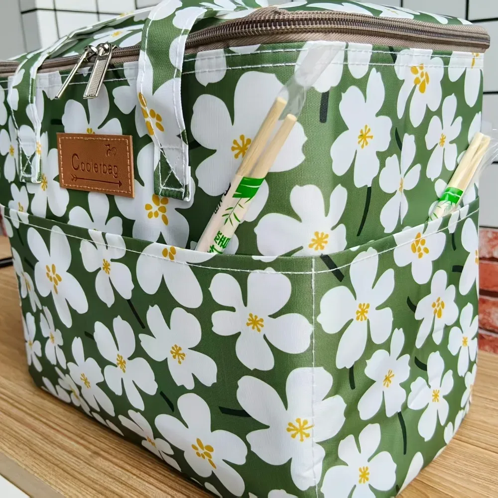sac isotherme carré portable d'extérieur en tissu oxford imprimé à quatre poches, grande capacité, sac fourre-tout thermique multifonctionnel
