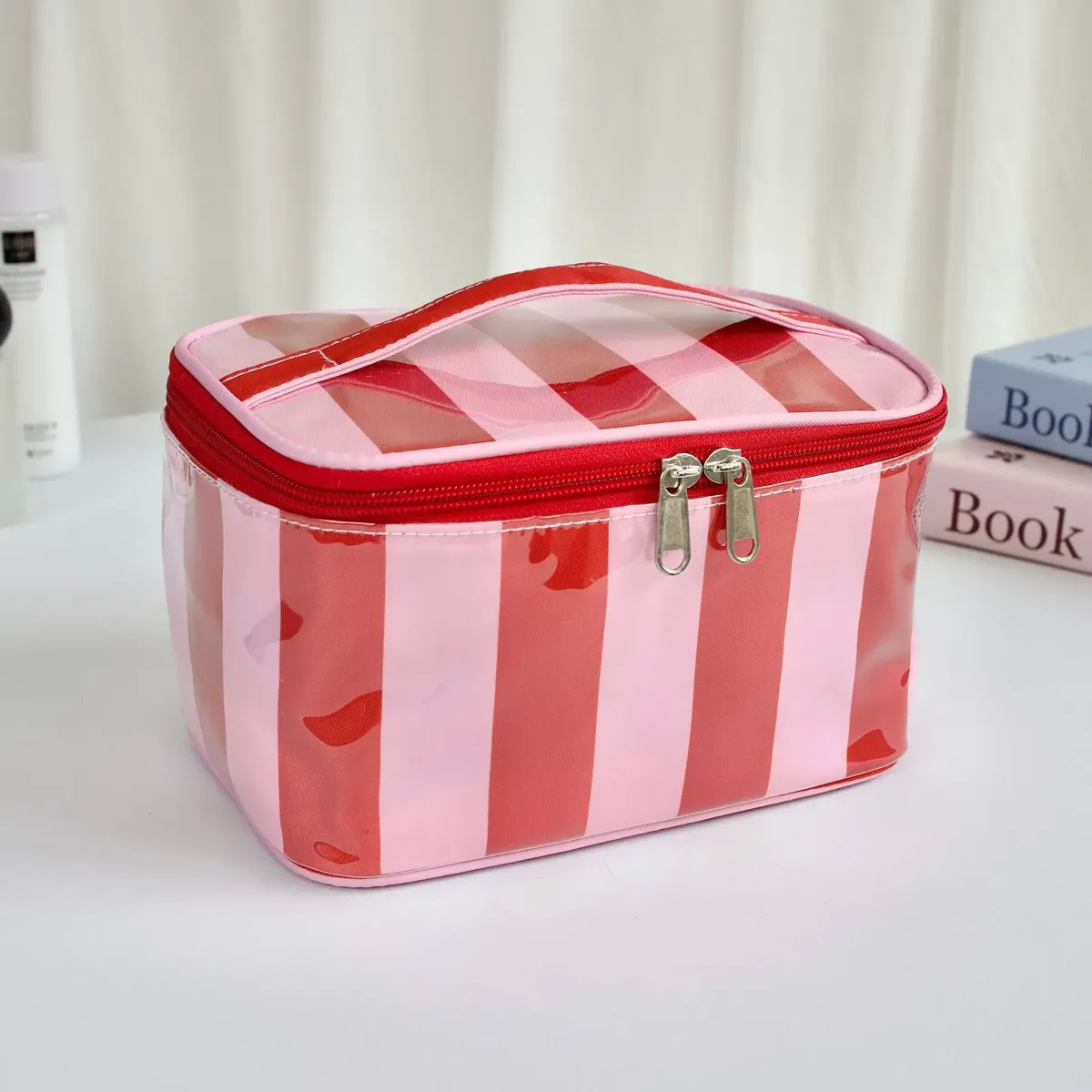 sac cosmétique brillant à rayures en pvc, très populaire, grande capacité, sac de toilette portable, sac de rangement de voyage imperméable