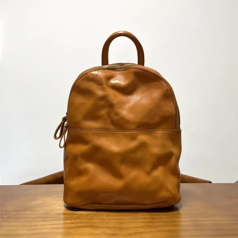 sac à dos vintage simple en cuir de vache tanné végétal pour femmes, sac à dos décontracté pour voyage en plein air, fête, fait à la main, en cuir véritable