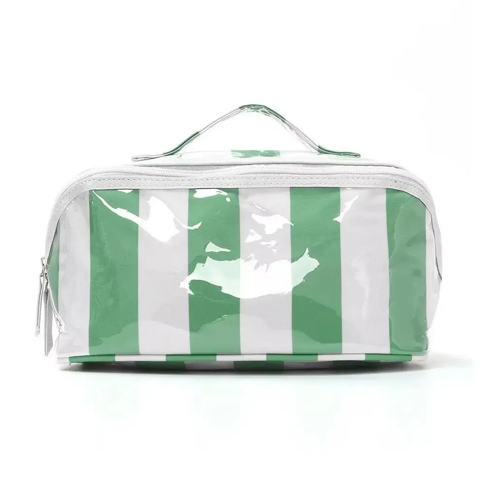 sac de maquillage imperméable en pvc, double fermeture éclair, sac de rangement cosmétique à rayures en damier, sac de toilette de voyage grande capacité
