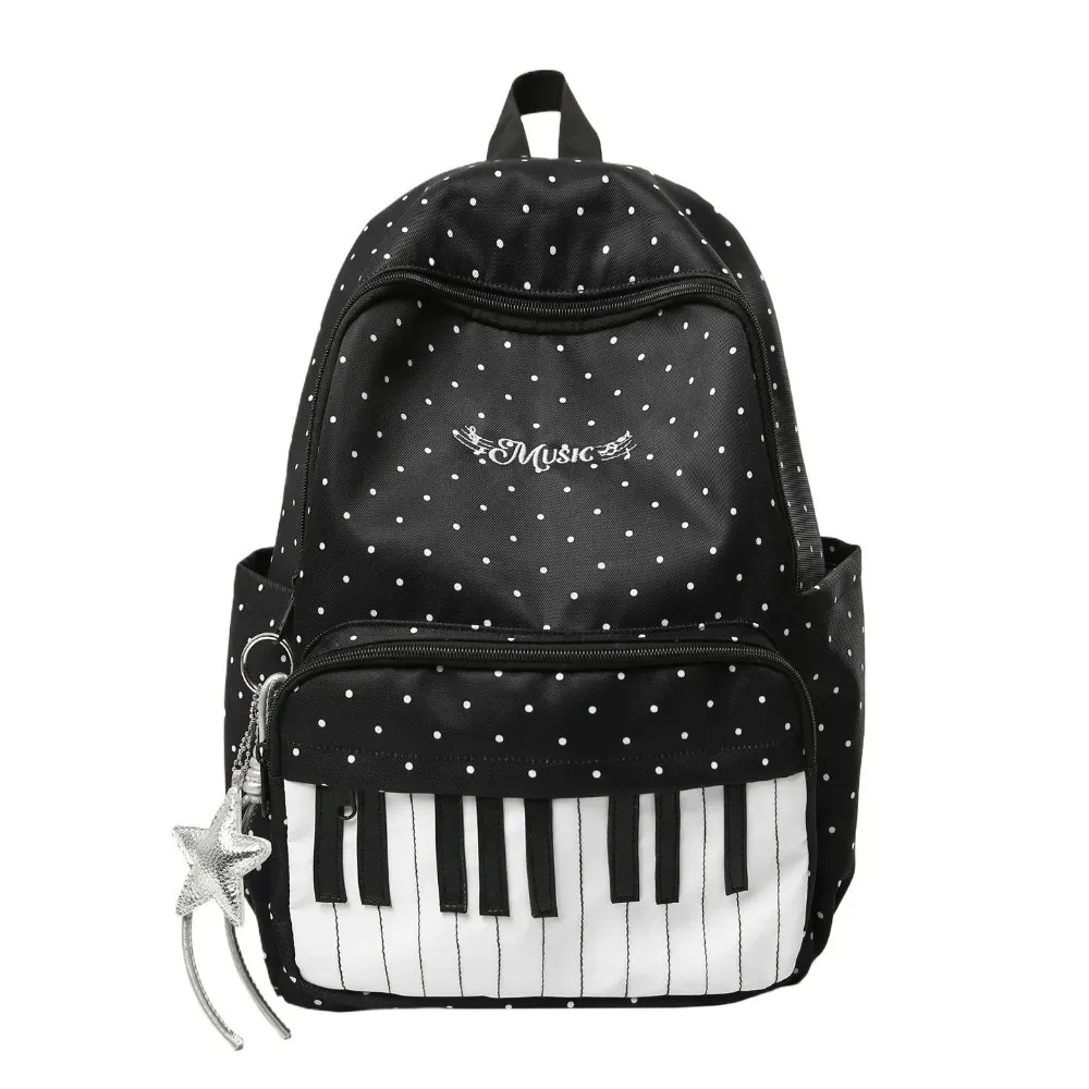 nouveau sac à dos à pois grande capacité, léger et multifonctionnel, motif touches de piano, noir, pour femmes