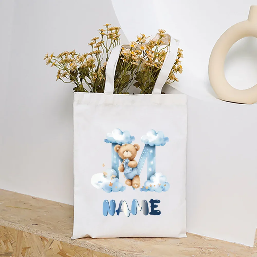 sacs fourre-tout en toile college nuage ours et alphabet personnalisés, sacs à main personnalisés de grande capacité, cadeaux de portabilité pour la rentrée scolaire