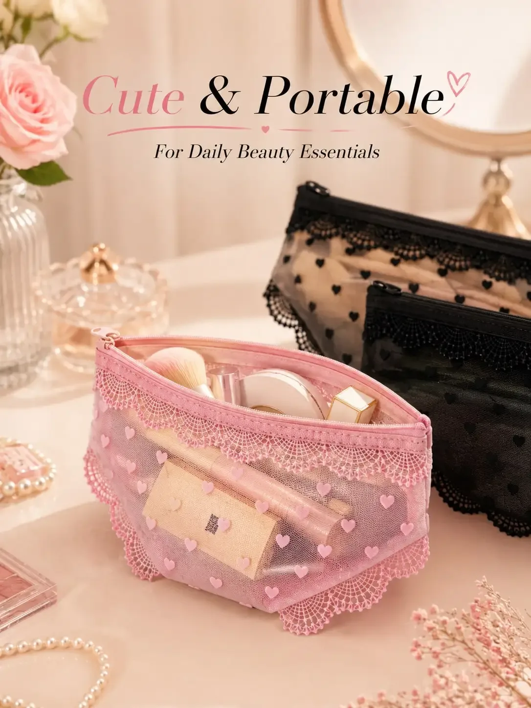 pochette de maquillage transparente et sexy en dentelle, pochette de maquillage portable pour voyage, adaptée pour l'eyeliner, les pinceaux de maquillage, le rouge à lèvres, les produits de soin de la peau, les écouteurs, les palettes de fards à paupières, etc., idéale pour les voyages quotidiens, un joli rangement pour la papeterie et un sac de toilette.