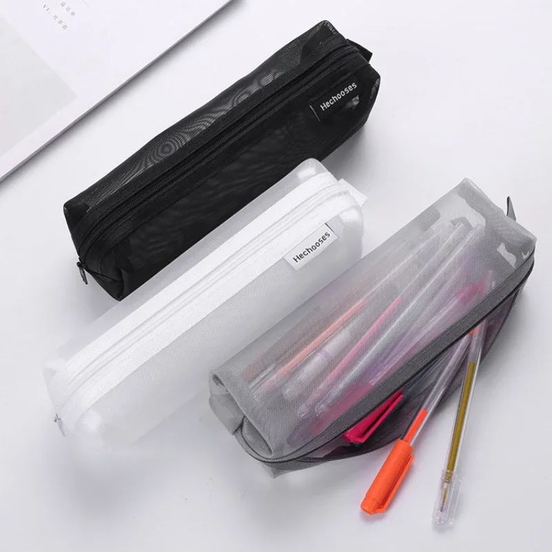 sac à cosmétiques en maille de nylon transparent simple, sac de papeterie pour étudiants, trousse à crayons, sac de rangement portable de grande capacité, pochette de maquillage