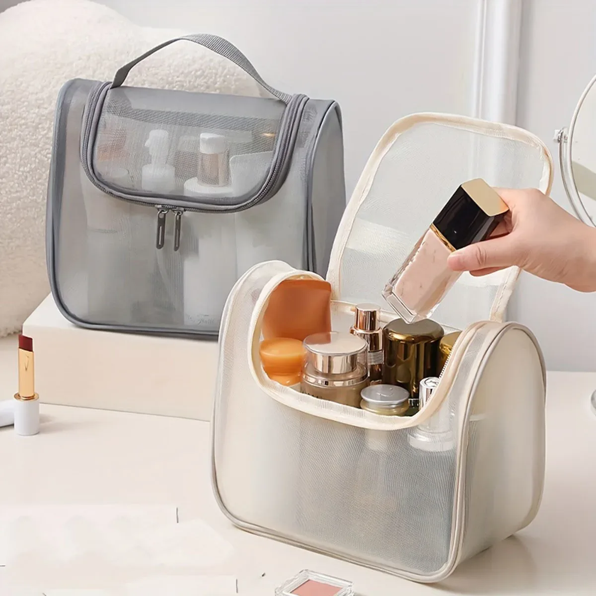 nouvelle trousse de toilette multifonctionnelle, sac à maquillage portable en nylon courbé, sac de rangement pour cosmétiques de grande capacité pour femmes