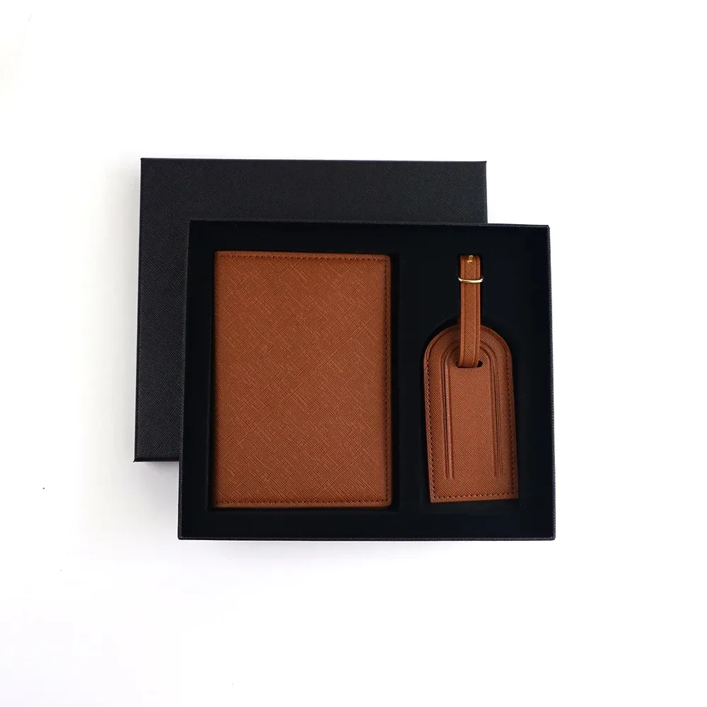 ensemble personnalisé avec nom, porte-passeport et étiquette de bagage en cuir pu safiano unisexe, coffret cadeau