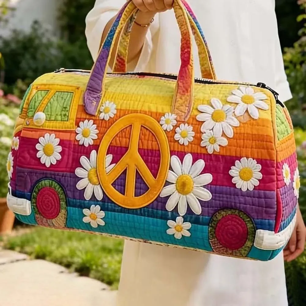 sac de voyage matelassé grande capacité imprimé motif bus, en tissu doux et léger, avec fermeture éclair durable