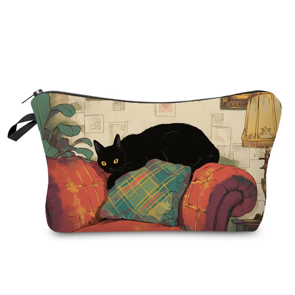 sacs de maquillage college chat noir pour femmes, sacs de rangement portables de voyage, impression d'animaux kawaii décontractés, sacs à cosmétiques double face avec fermeture éclair