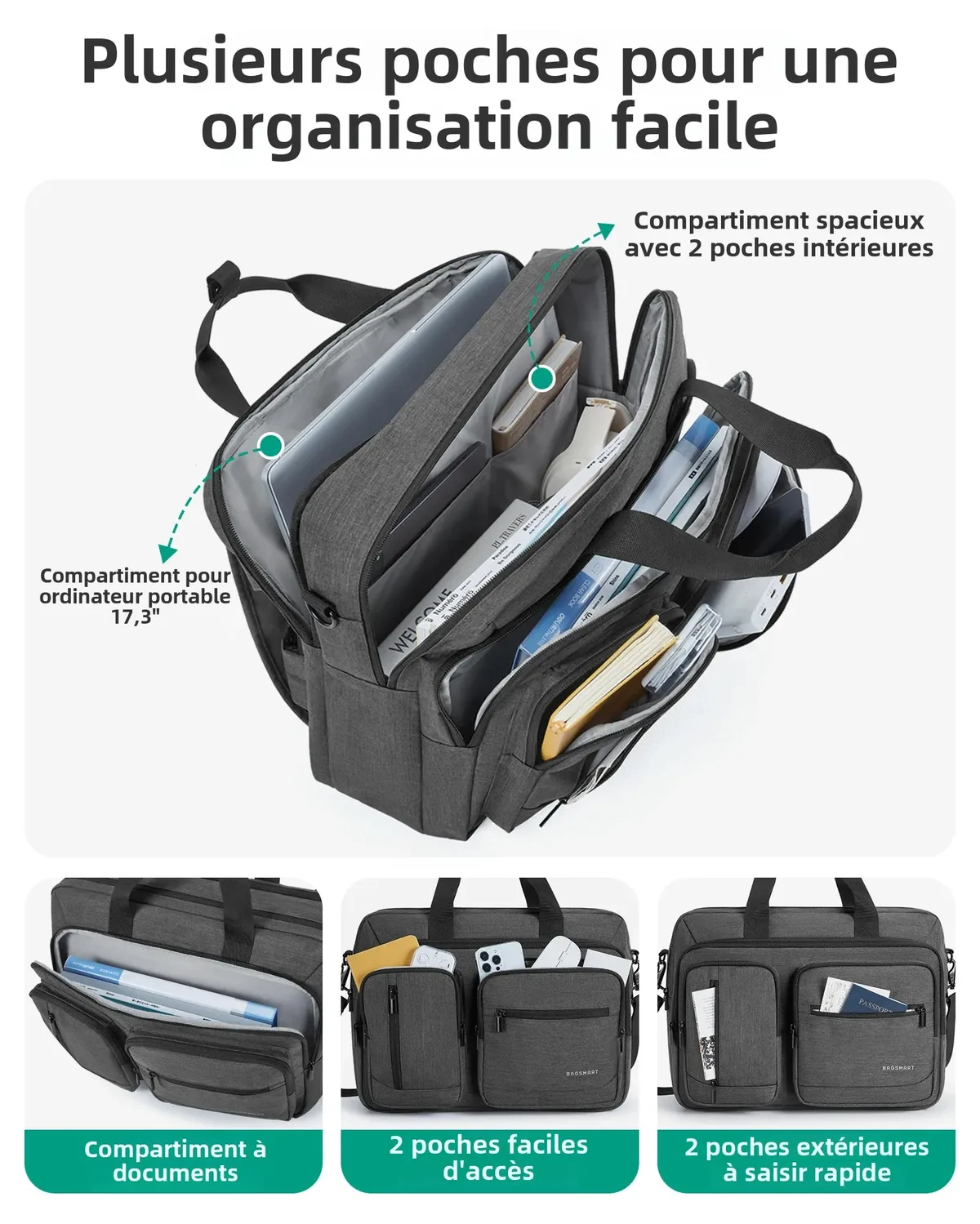 bagsmart-sac pour ordinateur portable 3 en 1 pour homme, sac à dos hydrofuge, étui pour bombes informatiques, 17.3 en effet, sac lancé pour ordinateur portable, sac de voyage d'affaires