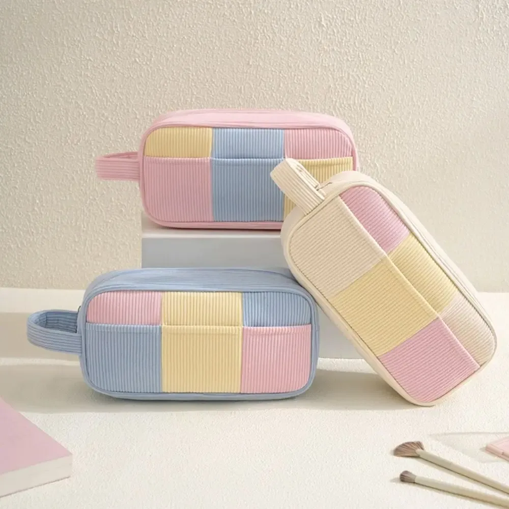 sac à cosmétiques pour femmes de style cartoon, grande capacité, couleur macaron, étui de rangement pour maquillage, design rayé, léger, sac de voyage pour cosmétiques