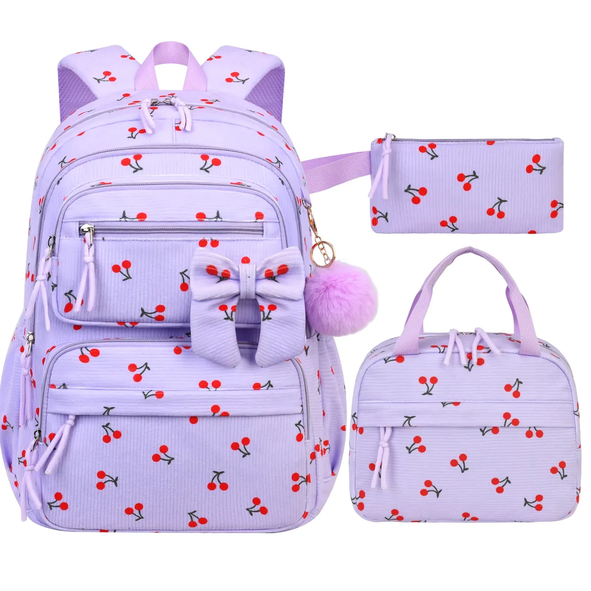 Ensemble de 3 pièces : Sac à dos scolaire pour filles motif cerise, sac à dos en velours côtelé pour écolière, sac à livres pour enfants, sac à déjeuner et trousse à crayons.