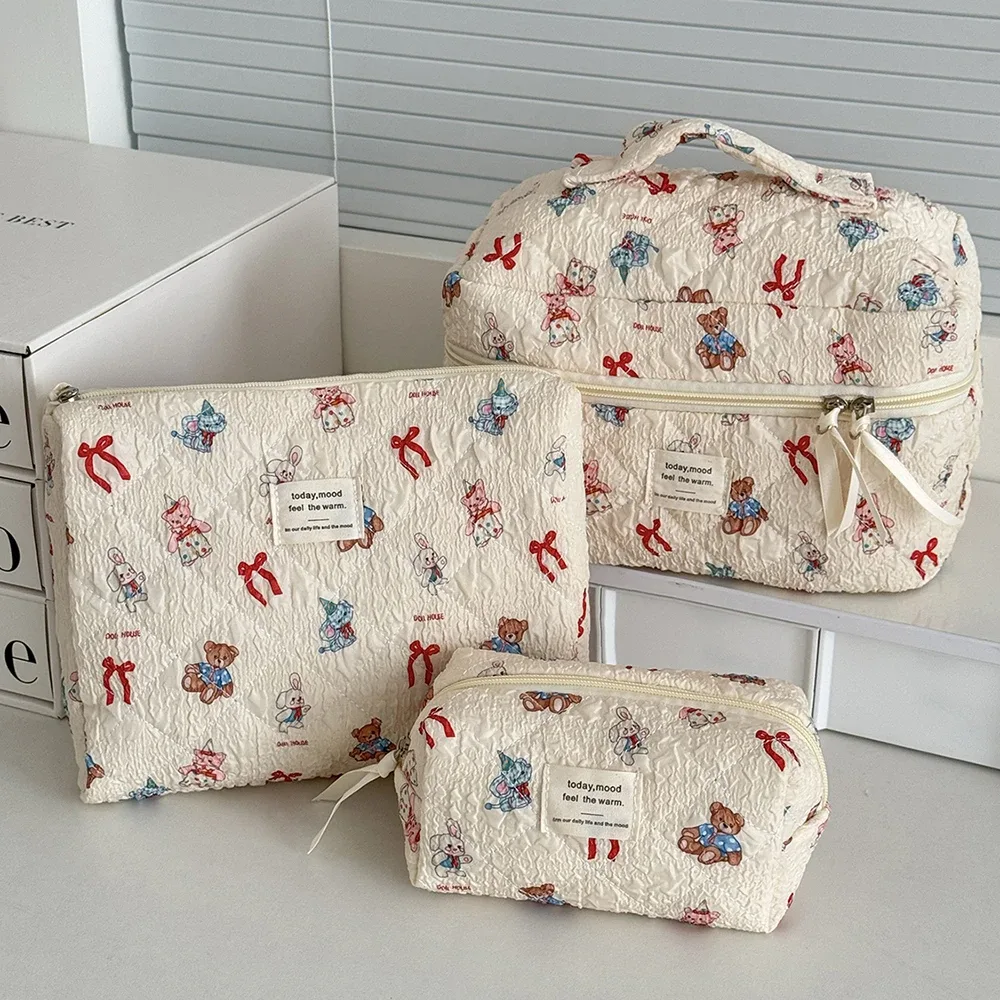 sac matelassé pour femmes, animaux de dessin animé kawaii, grande capacité, pochette de rangement de toilette cosmétique, 3 types, trousse de maquillage à fermeture éclair pour dames