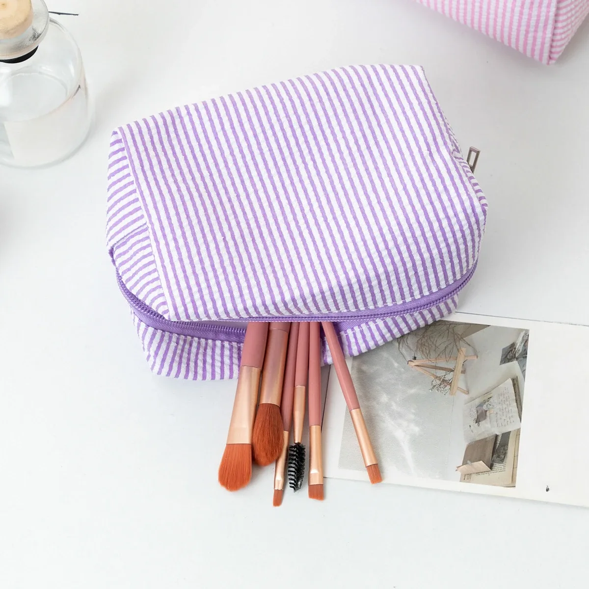 sac à main cosmétique rayé pour femme, pochette de maquillage portable à fermeture éclair, trousse de toilette en poudre pour filles, nouvelle collection