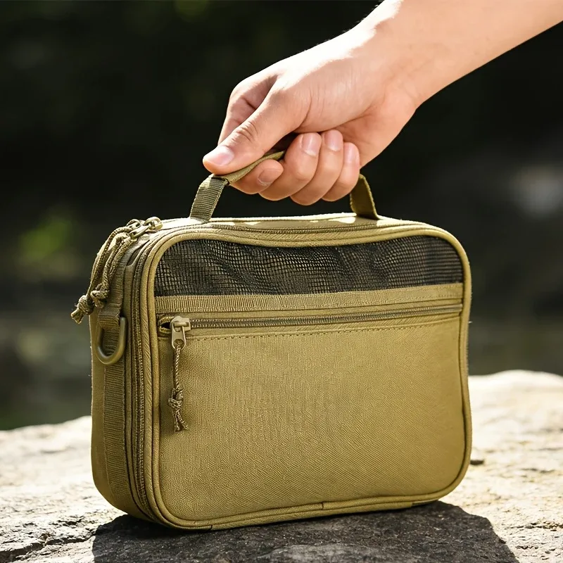 trousse de toilette portable pour homme en tissu oxford kaki, organisateur de voyage multi-poches suspendu pour la pêche en plein air et les courts séjours