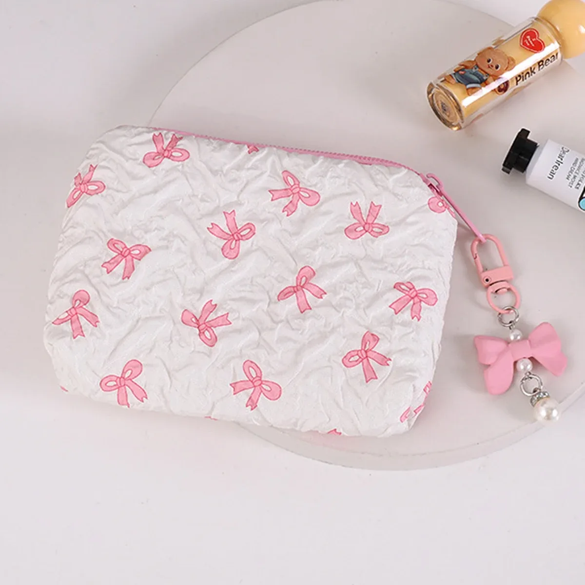 pochette cosmétique plissée avec nœud | pochette de maquillage en coton pour femmes, matelassée, de voyage, organiseur de maquillage pour filles, petite pochette à nœud portable