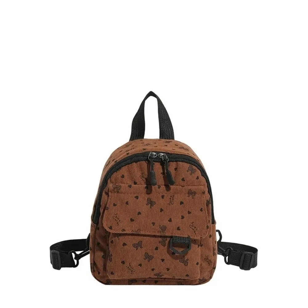 mini sac à dos en velours côtelé léger avec imprimé cœur et nœud, décontracté, à fermeture éclair, multi-compartiments, sac à bandoulière