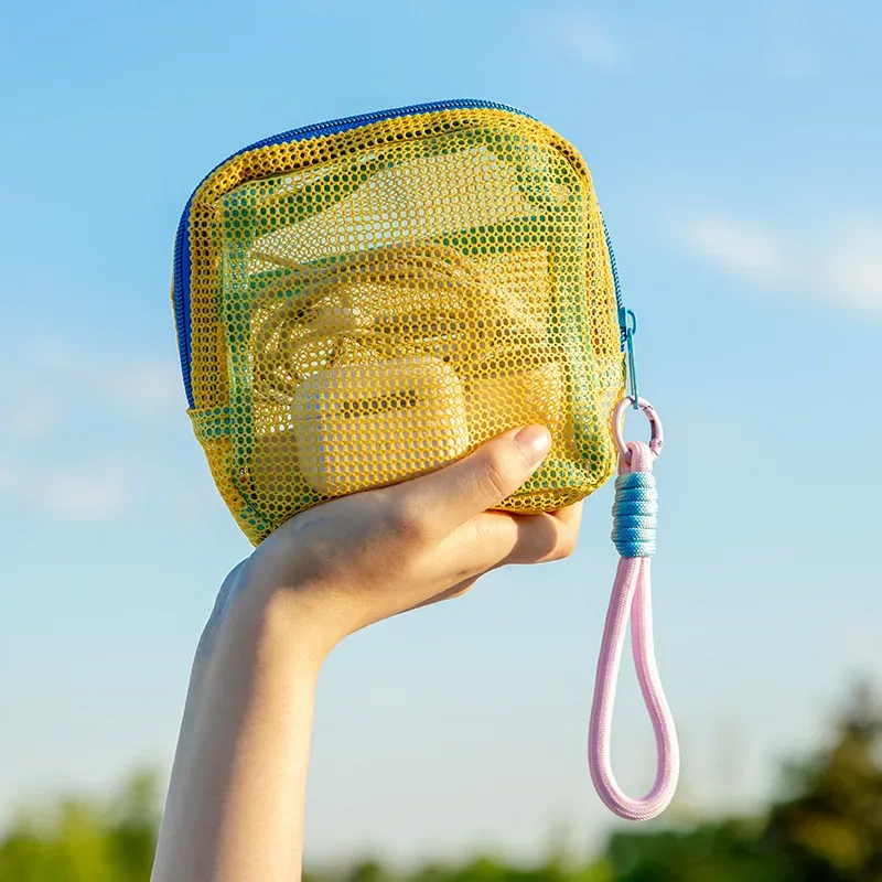 sac de rangement carré en maille avec fermeture éclair, trousse de maquillage tendance pour voyage, grande capacité, pour rouge à lèvres, écouteurs et monnaie