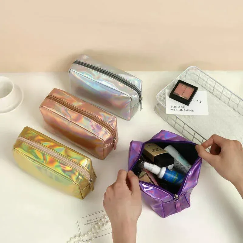 Sac cosmétique laser couleur unie, étanche, portable, pour rangement de produits de toilette, sac cadeau maquillage, pochette de maquillage, organisateur de cosmétiques de voyage
