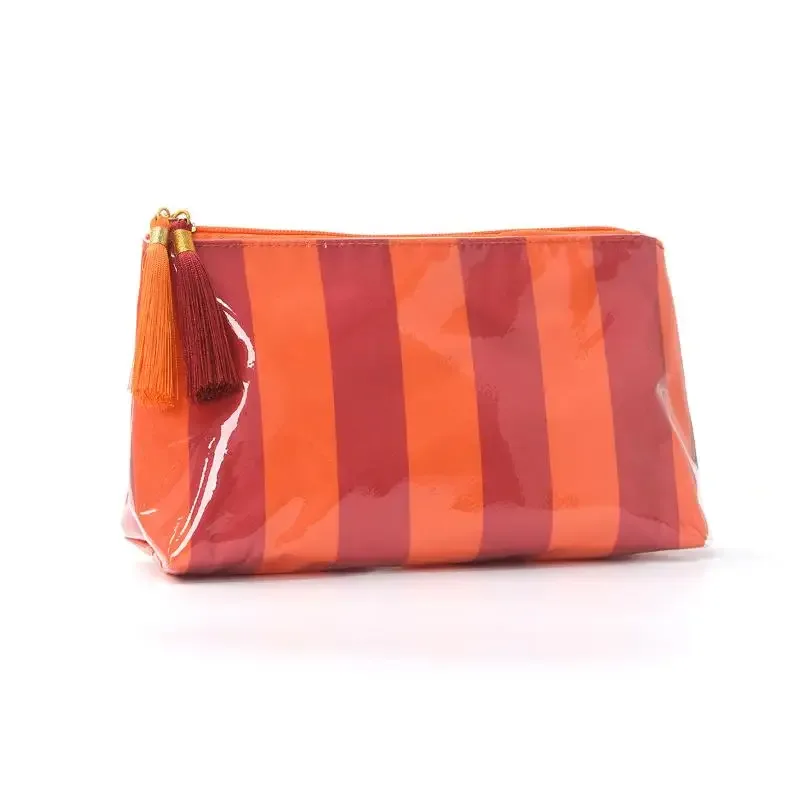 pochette cosmétique rayée en pvc avec franges et fermeture éclair, trousse de toilette imperméable, étui pour pinceaux de maquillage