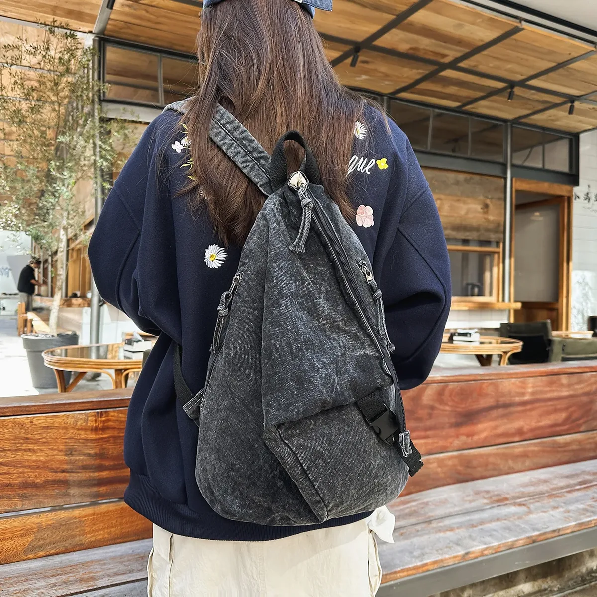 sacs à dos en denim vintage délavé au design irrégulier pour femme, pour les voyages en plein air, décontractés, légers, pour l'école