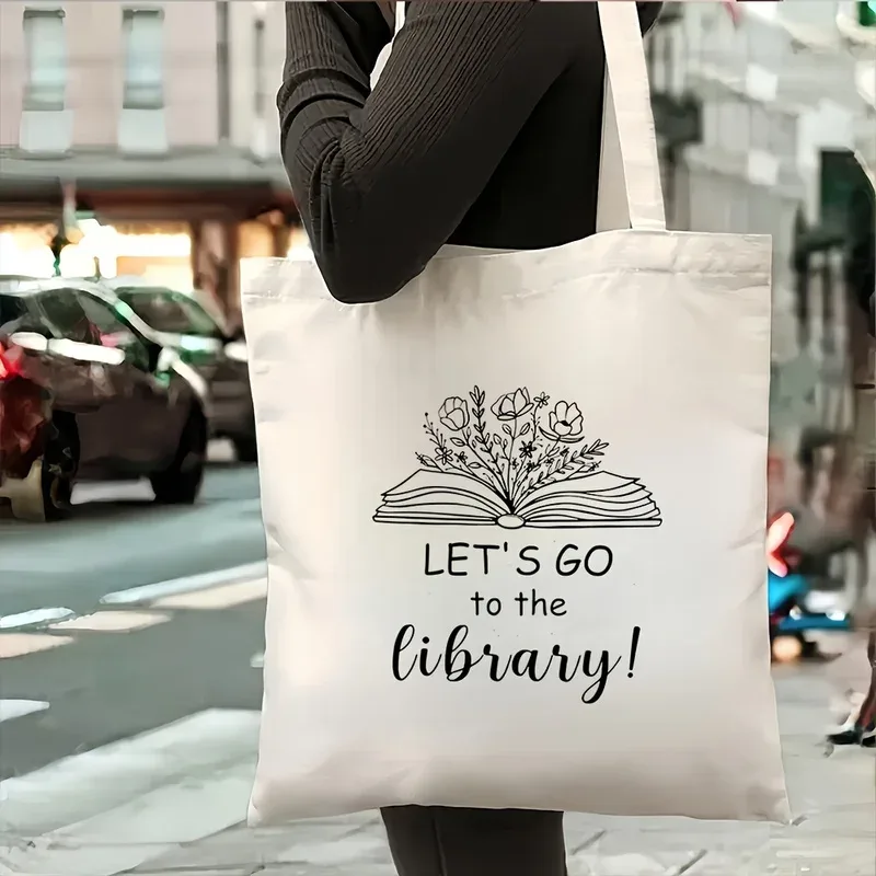 Sac fourre-tout pour bibliothèque, sac léger en toile pour les amateurs de livres, motif livre ouvert et floral, sac de courses réutilisable blanc crème