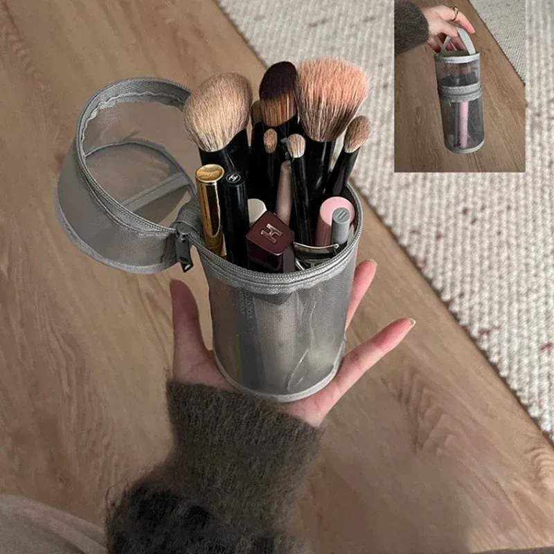 sac transparent de rangement de cosmétiques rond en maille, pochette de rangement de pinceaux de maquillage de grande capacité, étui à cosmétiques de voyage pour outils de pinceaux