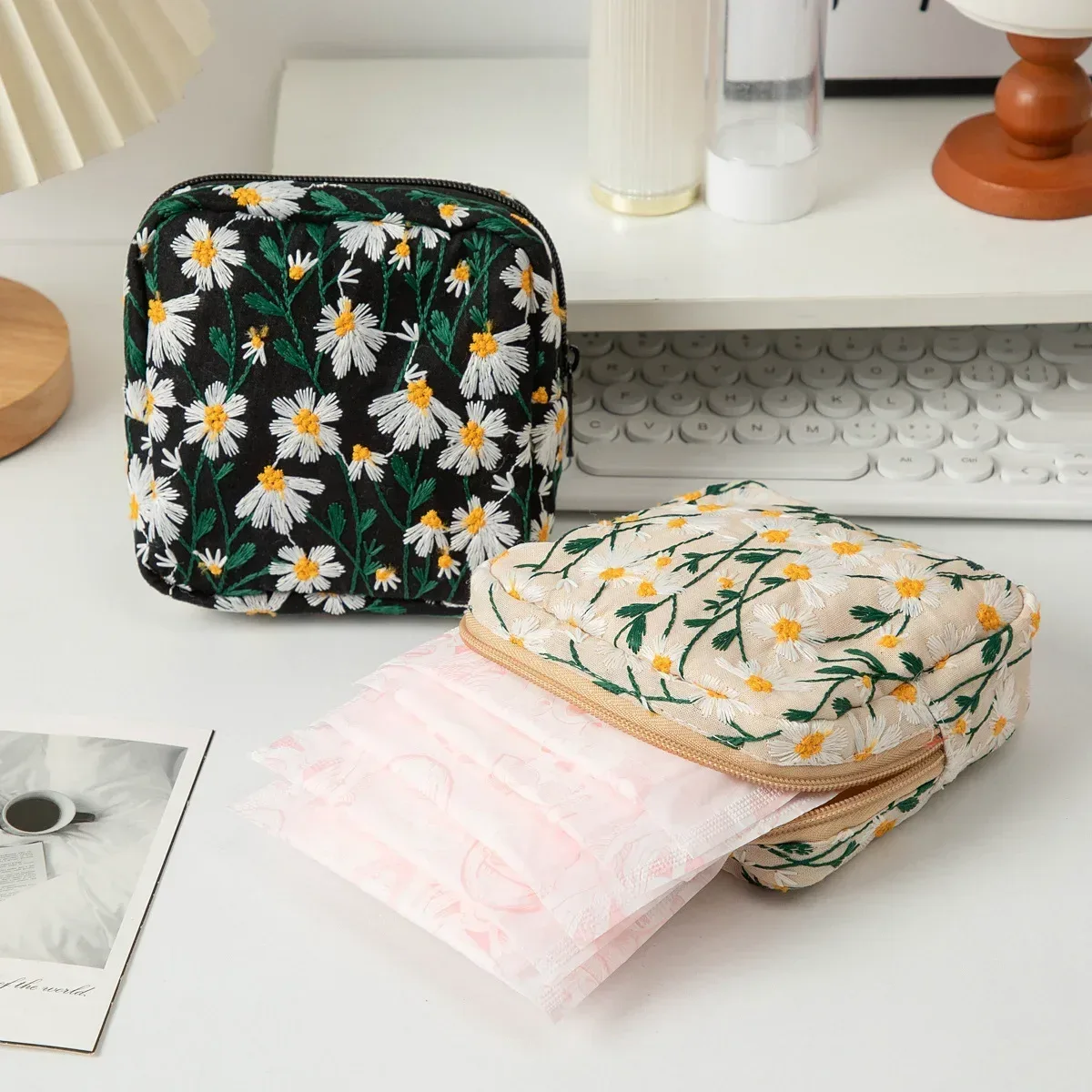 sac à cosmétiques brodé de fleurs, organisateur de maquillage en toile à fermeture éclair, pochette de rangement de voyage, trousse de beauté pour femmes