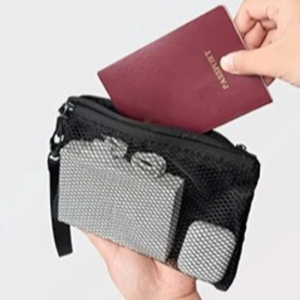 sac de rangement en maille légère, trousse de toilette en polyester avec fermeture éclair, sac à cosmétiques multifonctionnel de couleur unie, utilisation polyvalente