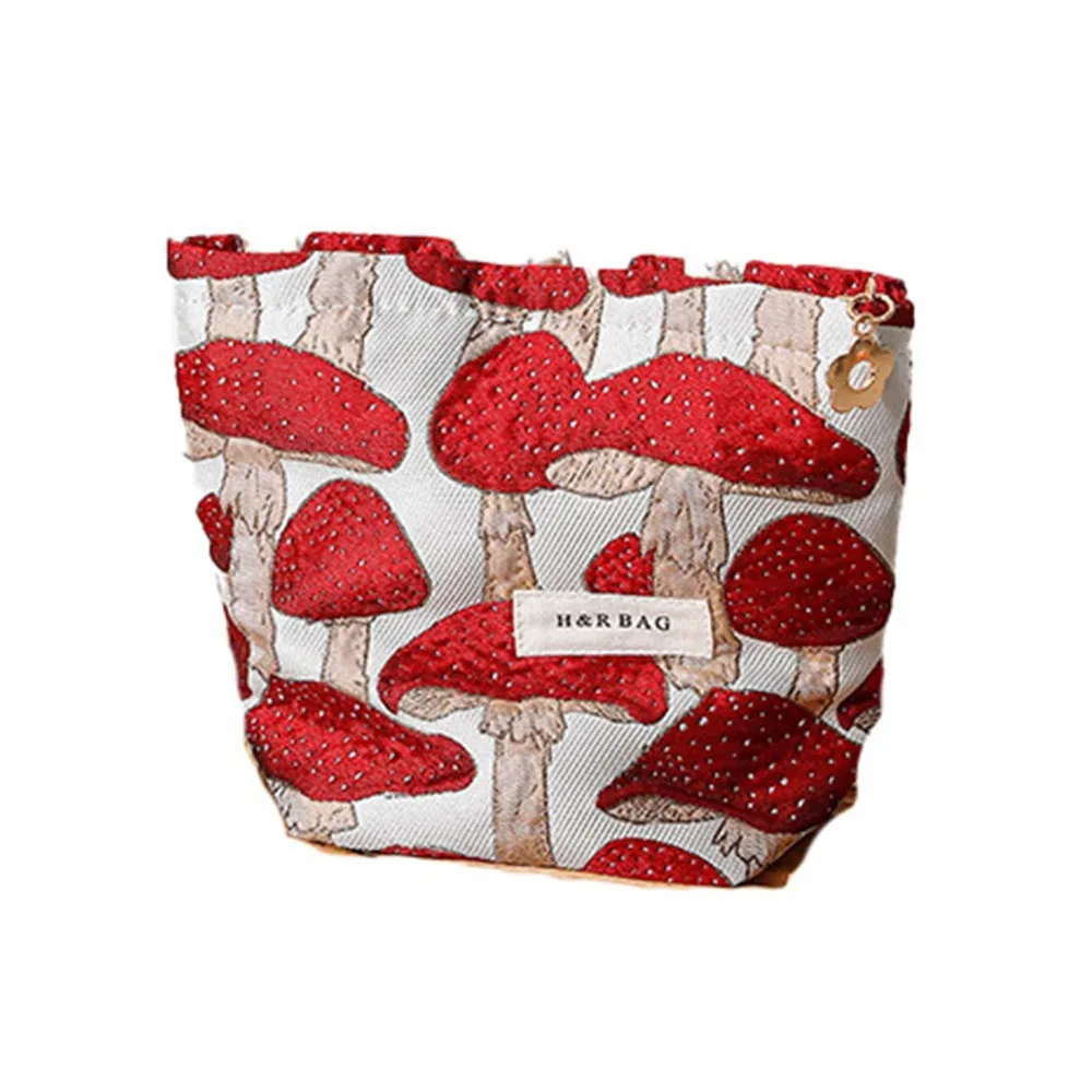 sac de maquillage en toile simple, sac de rangement de lavage imprimé champignon rouge, sac à main portable de taille m/l, rangement de produits de soins de la peau