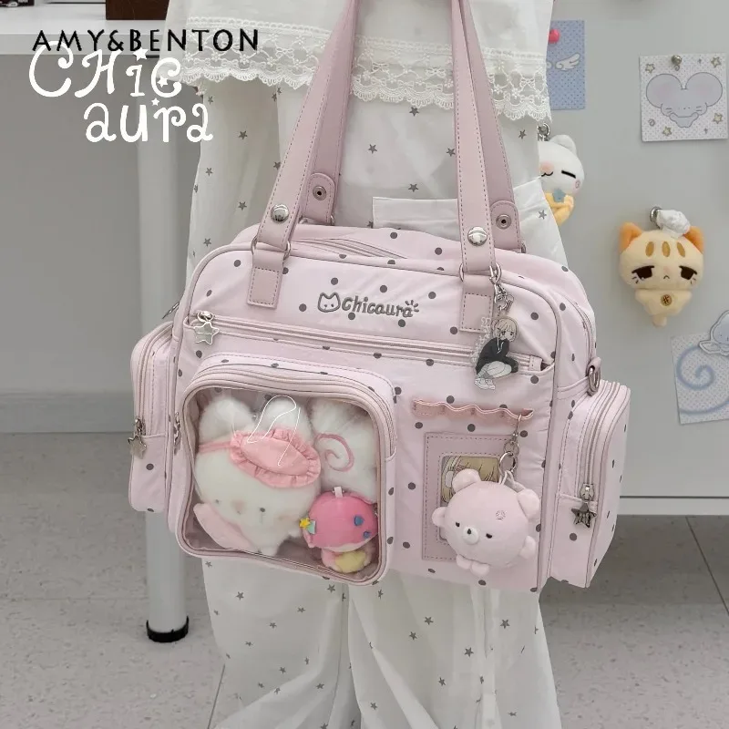 sac à bandoulière polyvalent grande capacité pour femme, motif pois, style gothique bidimensionnel, sac messager tendance