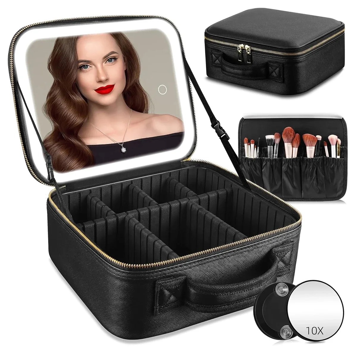 trousse de maquillage de voyage avec miroir d'une mallette de train portable éclairée par led avec séparateurs réglables et miroir grossissant détachable 10x