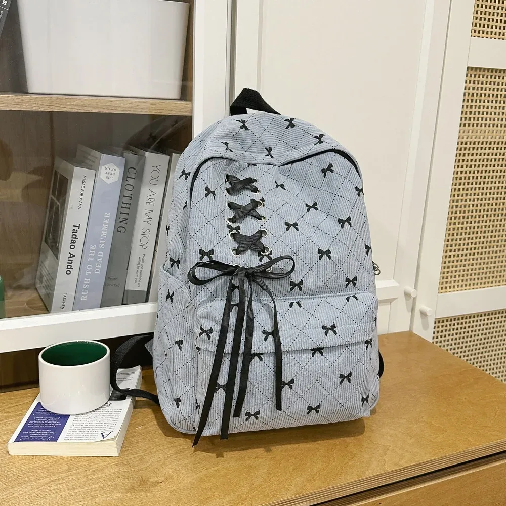 sac à dos en velours côtelé grande capacité avec nœud, léger, style coréen, sac à nœud, bretelles réglables, sac à double épaule pour étudiants