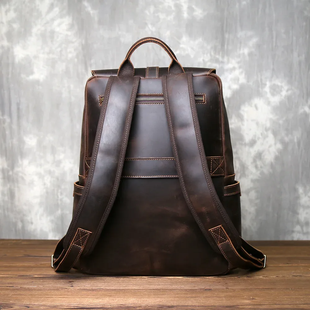 sac à dos rétro en cuir crazy horse durable pour homme, cuir de première qualité, grande capacité, boucle à fermeture éclair, sac d'ordinateur pour voyage en plein air