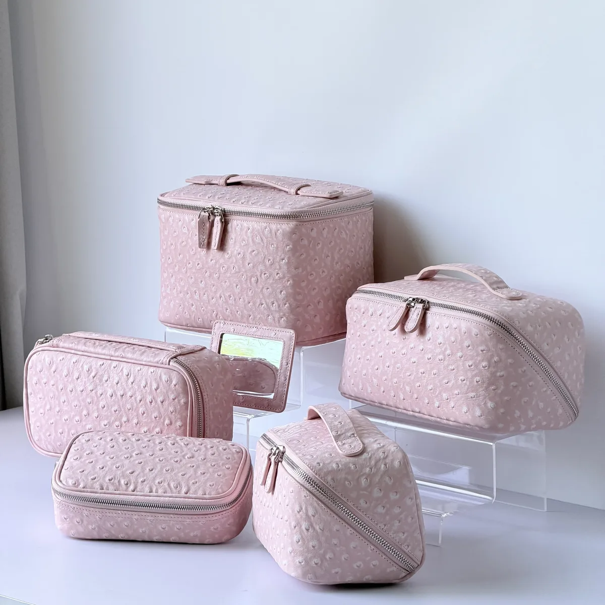 nouvelle trousse de maquillage de voyage portable en cuir véritable motif autruche rose flocon de neige, grande capacité, en cuir de vachette, luxe