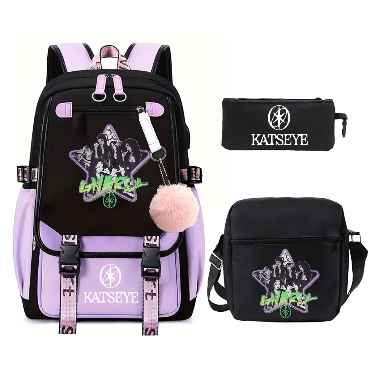 Ensemble de 3 sacs à dos Kpop KATSEYE pour garçons et filles, cartable avec boîte à lunch, trousse à crayons, sac à livres pour étudiants, sac à dos de voyage pour adolescentes et femmes
