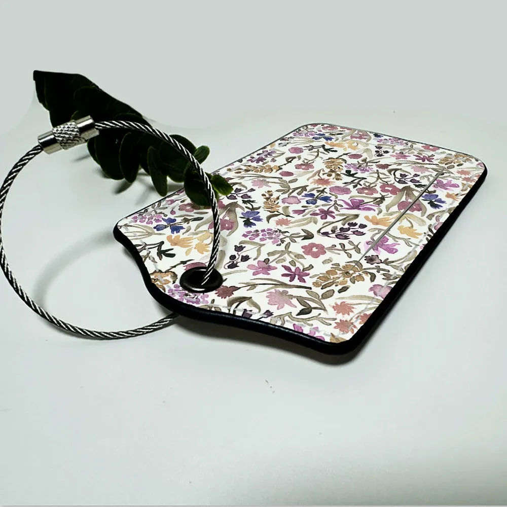 étiquette de bagage d'affaires en cuir imprimé de belles fleurs, étiquette d'adresse de valise, étui d'embarquement de bagages, clip d'adresse d'identification de nom