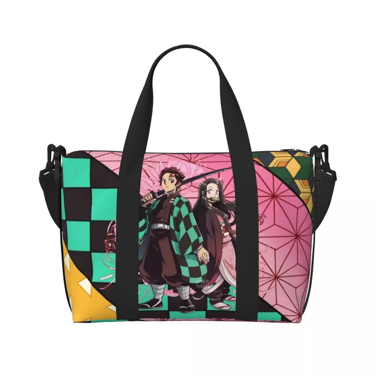 sac fourre-tout de plage personnalisé demons slayers anime manga pour femmes, tanjiro kamado nezuko, grand compartiment, sacs de voyage de plage de gym