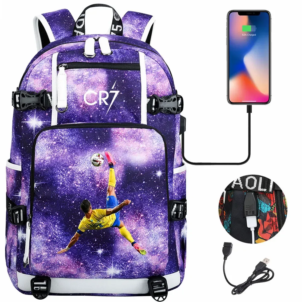 football star cr7 usb adolescents étudiant cartable femmes hommes ordinateur portable voyage sport sac à dos fille garçons enfants retour à l'école livre sacs