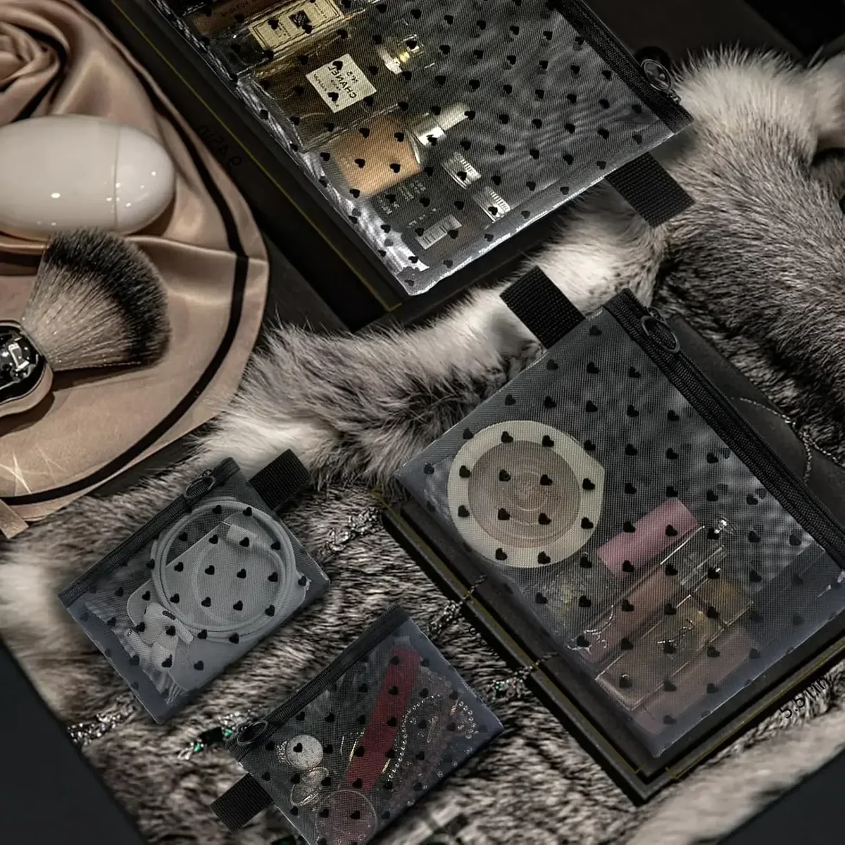 sac à cosmétiques en maille pour femmes, rangement de voyage, sac de maquillage, organisateur, pochette de maquillage portable, petite et grande trousse de toilette et de beauté