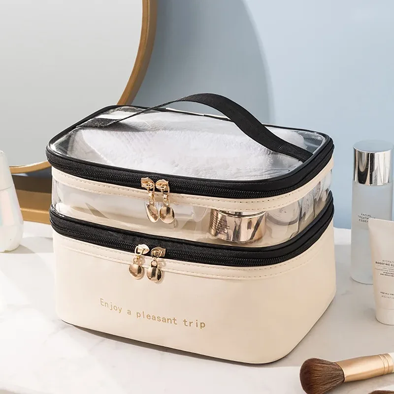 sac de toilette imperméable en pvc pour femme 2026, sac de voyage portable en cuir, grande capacité, organiseur de maquillage de voyage