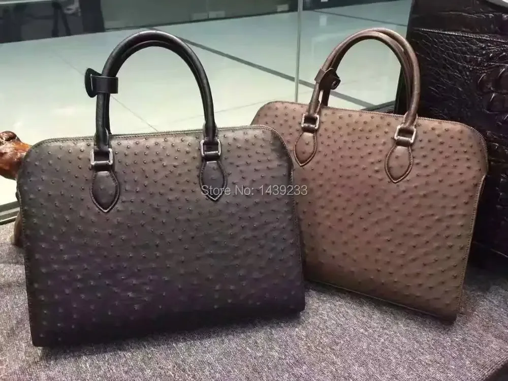 100% véritable peau d'autruche mallette en cuir hommes d'affaires pochette d'ordinateur café noir, peau d'autruche hommes mallette officielle