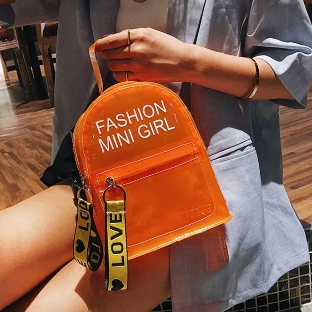 sac à dos mini transparent imperméable, tendance, idéal pour les festivals, en pvc, couleur unie avec motif de lettres.