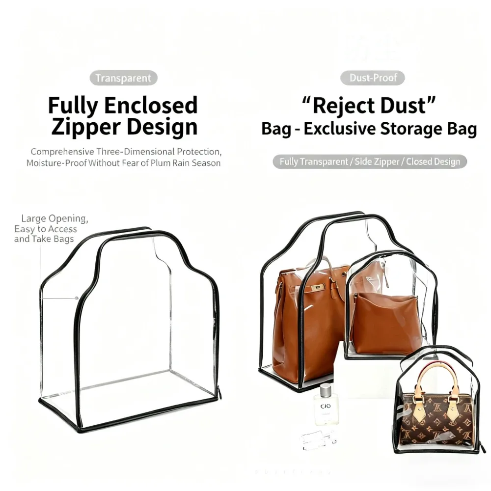 housse de rangement transparente, résistante à l'humidité, sans poussière, pour sacs à main de luxe, organisateur de sac à main premium avec fermeture éclair, sac peu encombrant