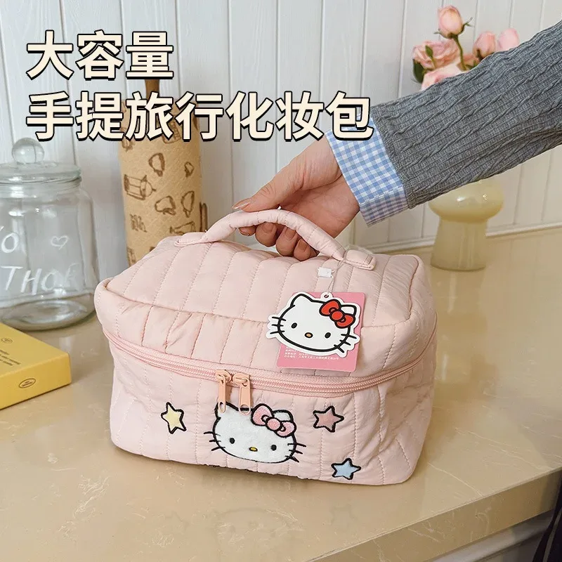 véritable trousse de maquillage hello kitty, mignonne, portable, grande capacité, idéale pour les voyages.