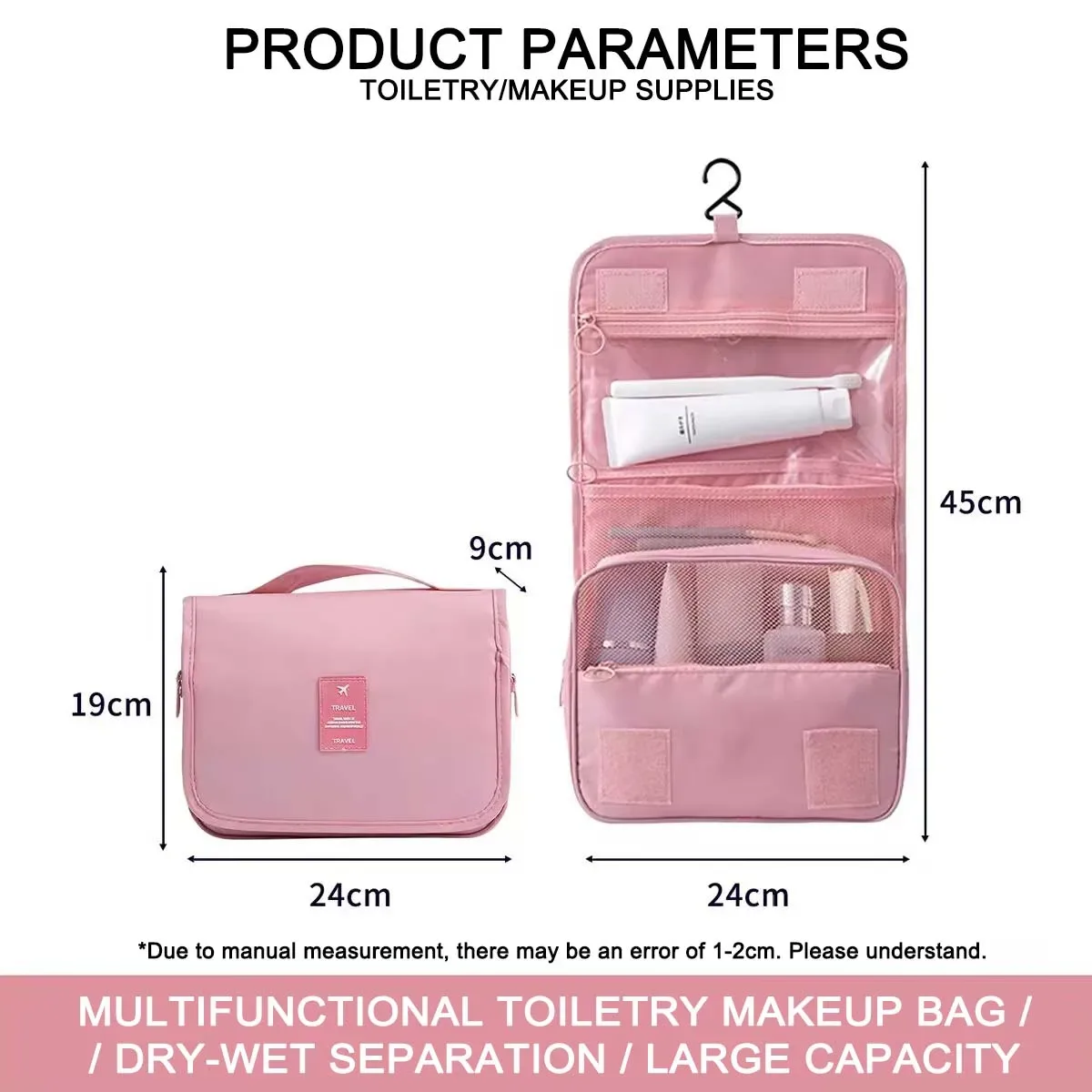 trousse de maquillage de voyage imperméable premium pour femmes – organisateur de toilette suspendu avec crochet, pochette de lavage spacieuse pour salle de bain et compartiment sec/humide