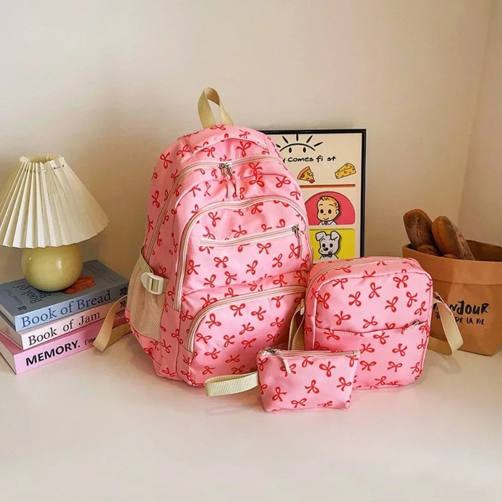 3 pièces/ensemble mignon grande capacité arc sac à dos nœud imprimé nylon sac d'école sangle réglable voyage sac à dos
