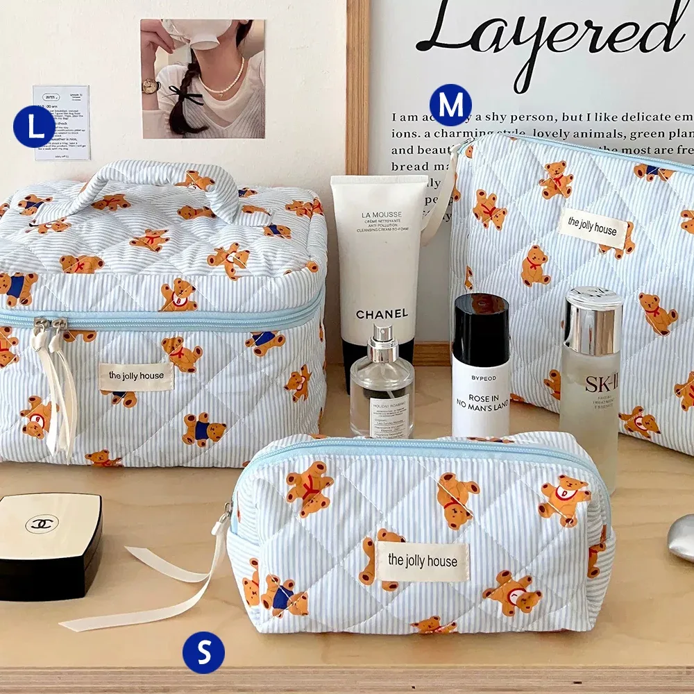 trousse de maquillage ours mignon, compartiments multicouches, organisateur de cosmétiques avec fermeture éclair, pochette de toilette de voyage portable pour femmes et filles