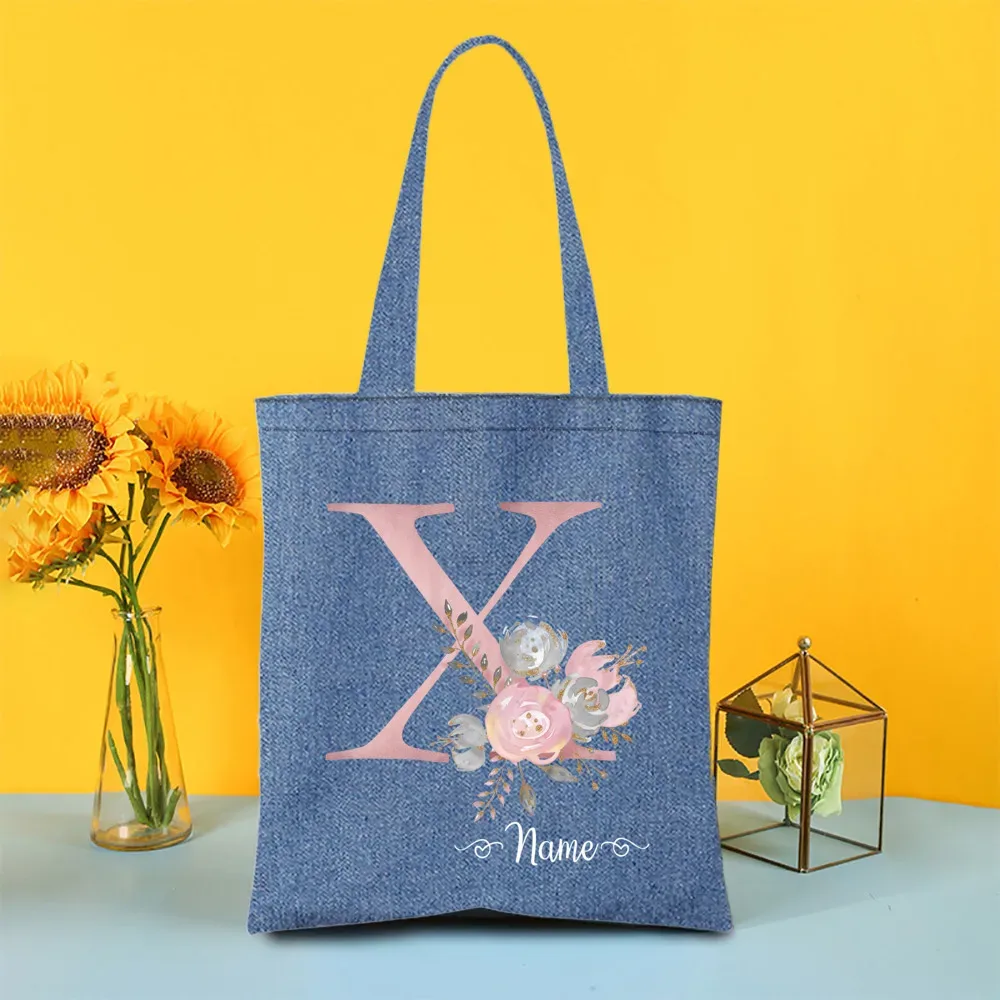 sac fourre-tout en denim personnalisé avec lettre avec nom, sac à main pour mariage, enterrement de vie de jeune fille, sacs de demoiselle d'honneur, sac à bandoulière de voyage, cadeau pour elle