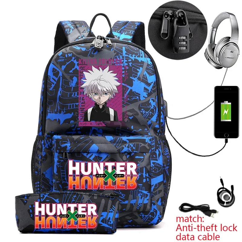 sac à dos hunter x hunter anime pour étudiants, sac à dos antivol décontracté avec trousse à crayons pour garçons et filles, sac d'école